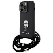 Karl Lagerfeld Crossbody Saffiano Monogram Metal Pin Karl &amp; Choupette Case for iPhone 15 Pro - Black, Karl Lagerfeld