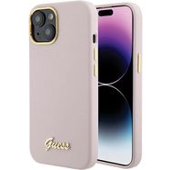 Guess Silicone Script Metal Logo &amp; Frame case for iPhone 15 - pink, Guess