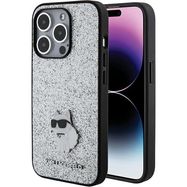Karl Lagerfeld Fixed Glitter Choupette Logo Metal Pin Case for iPhone 15 Pro Max - Silver, Karl Lagerfeld