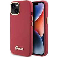 Guess Silicone Script Metal Logo &amp; Frame case for iPhone 15 - red, Guess