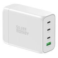 Silver Monkey SMA152 130W GaN charger 3xUSB-C PD USB-A QC 3.0 with detachable power cable - white, Silver Monkey