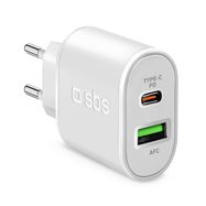 SBS TETRPD20W 20W USB-A USB-C Wall Charger with Power Delivery - White, SBS