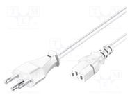Cable; IEC C13 female,SEV-1011 (J) plug; PVC; 2m; white; 10A; 250V Goobay