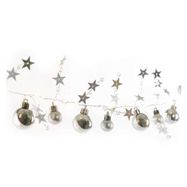 LED Christmas garland – silver spheres with stars, 1.9 m, 2x AA, indoor, warm white, timer, EMOS
