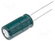 Capacitor: electrolytic; low ESR; THT; 220uF; 63VDC; Ø10x20mm; ±20% SAMXON