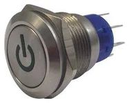 PB SWITCH, ILLUM, DPST, 5A, 250VAC, GRN