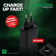 PATONA Premium PD36W Adapter black 5V/3A 9V/2A 12V/1.5A 1xUSB-C 1xUSB-A PD3.0 QC3.0, PATONA