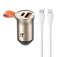 Car charger LDNIO C509Q, USB + USB-C, 30W + cable USB-C to Lightning (gold), LDNIO