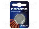 Battery: lithium; 3V; CR2320,coin; 150mAh; non-rechargeable; 1pcs. RENATA