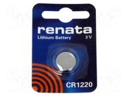 Battery: lithium; CR1220,coin; 3V; 40mAh; non-rechargeable; 1pcs. RENATA