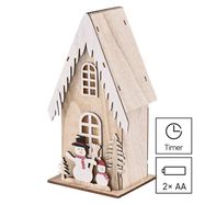 LED decoration, wooden – house with snowmen, 28.5 cm, 2x AA, indoor, warm white, timer, EMOS