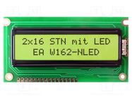 Display: LCD; alphanumeric; STN Positive; 16x2; yellow-green; LED DISPLAY VISIONS