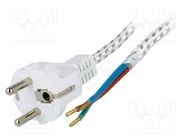 Cable; 3x0.75mm2; CEE 7/7 (E/F) plug,wires; textile; 3m; white; 6A Goobay