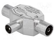 Splitter; coaxial 9.5mm socket x2,coaxial 9.5mm plug 