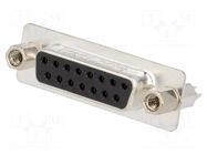 Connector: D-Sub; PIN: 15; socket; female; on PCBs,PCB snap; THT AMPHENOL COMMUNICATIONS SOLUTIONS