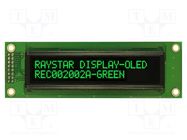 Display: OLED; alphanumeric; 20x2; Dim: 116x37x9.8mm; green; PIN: 16 RAYSTAR OPTRONICS