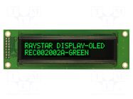 Display: OLED; alphanumeric; 20x2; Dim: 116x37x9.8mm; green; PIN: 16 RAYSTAR OPTRONICS