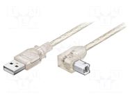 Cable; USB 2.0; USB A plug,USB B angled plug; 0.5m; transparent Goobay