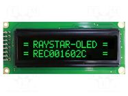Display: OLED; alphanumeric; 16x2; Dim: 85x36x10mm; green; PIN: 16 RAYSTAR OPTRONICS