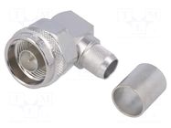 Connector: N; plug; male; angled 90°; 50Ω; soldering,crimped; PTFE TELEGÄRTNER
