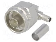 Connector: N; plug; male; angled 90°; 50Ω; soldering,crimped; PTFE TELEGÄRTNER