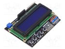 Display: LCD; 16x2; blue; 80x58mm; LED; Interface: GPIO; pin strips DFROBOT