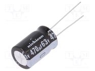 Capacitor: electrolytic; THT; 470uF; 63VDC; Ø12.5x20mm; Pitch: 5mm NICHICON