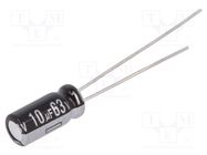 Capacitor: electrolytic; THT; 10uF; 63VDC; Ø5x11mm; Pitch: 2mm; ±20% PANASONIC