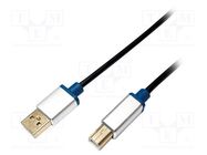 Cable; USB 2.0; USB A plug,USB B plug; 2m; black; aluminium LOGILINK