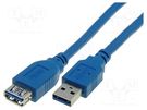 Cable; USB 3.0; USB A socket,USB A plug; nickel plated; 3m; blue VCOM