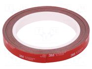 Tape: fixing; W: 12mm; L: 5m; Thk: 0.6mm; acrylic; grey; max.230°C 3M