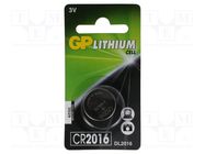 Battery: lithium; CR2016,coin; 3V; 90mAh; non-rechargeable; 1pcs. GP