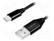 Cable; USB 2.0; USB A plug,USB C plug; 1m; black; PVC; textile LOGILINK