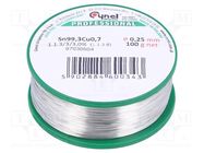 Soldering wire; tin; Sn99,3Cu0,7; 0.25mm; 100g; lead free; reel CYNEL