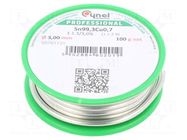 Tin; lead free; Sn99,3Cu0,7; 3mm; 100g; reel; 227°C; 3%; Flux: SW32 CYNEL