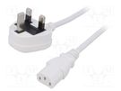 Cable; 3x1mm2; BS 1363 (G) plug,IEC C13 female; PVC; 3m; white; 3A LIAN DUNG