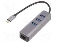 Hub USB; RJ45 socket,USB A socket x3,USB C plug; USB 3.1; black AKYGA