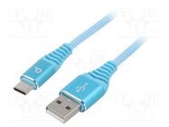 Cable; USB 2.0; USB A plug,USB C plug; gold-plated; 2m; turquoise GEMBIRD