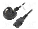Cable; BS 1363 (G) plug,IEC C14 male; PVC; 1.5m; black; 5A; 250V Goobay