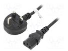 Cable; BS 1363 (G) plug,IEC C14 male; PVC; 1.8m; black; 5A; 250V Goobay