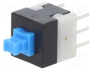 Switch: push-button; Pos: 2; DPDT; 0.1A/30VDC; Illumin: none; THT E-SWITCH