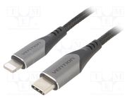 Cable; USB 2.0; Apple Lightning plug,USB C plug; 2m; black; 3A VENTION