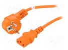 Cable; CEE 7/7 (E/F) plug angled,IEC C13 female; PVC; 2m; orange Goobay