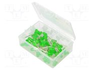 Kit: LED; THT; 5mm; 50pcs; green; plastic box; 7.5mA; 50°; 750mcd OPTOSUPPLY