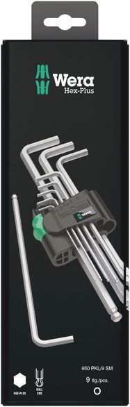 950/9 Hex-Plus 1 SB L-key set, metric, chrome-plated, 1 x 1.5x90; 1 x 2.0x100; 1 x 2.5x112; 1 x 3.0x126; 1 x 4.0x140; 1 x 5.0x160; 1 x 6.0x180; 1 x 8.0x200; 1 x 10.0x219, Wera