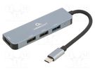 Hub USB; USB A socket x4,USB C plug; USB 2.0,USB 3.1; grey GEMBIRD