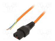 Cable; IEC C13 female,wires; 3m; with IEC LOCK locking; orange SCHAFFNER