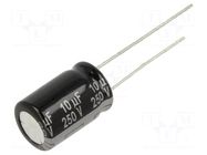 Capacitor: electrolytic; THT; 10uF; 250VDC; Ø10x16mm; Pitch: 5mm PANASONIC