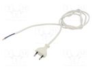 Cable; 2x0.75mm2; CEE 7/16 (C) plug,wires; PVC; 2m; white; 2.5A JONEX