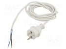 Cable; 2x1mm2; CEE 7/17 (C) plug,wires; PVC; 3m; white; 16A; 250V JONEX